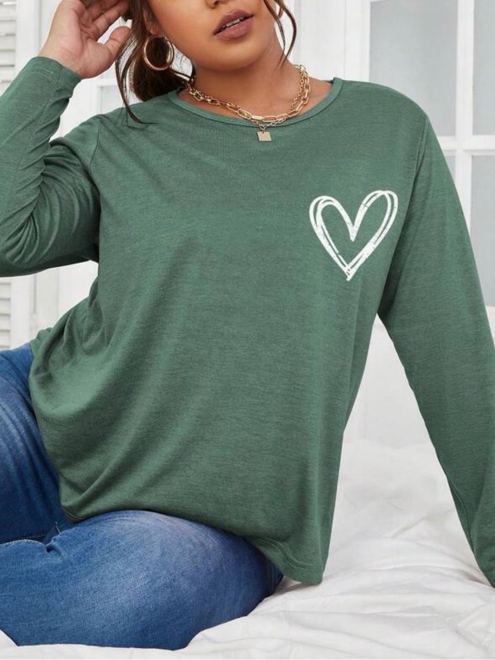 Green Long Sleeve Tee with White Heart Graphic